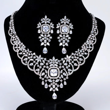 CZ Diamond Queen’s Legacy Set Jewelry Set, Long Bridal Earrings, Bracelet, Ring And Necklace, Statement Earrings Cz Necklace Set.